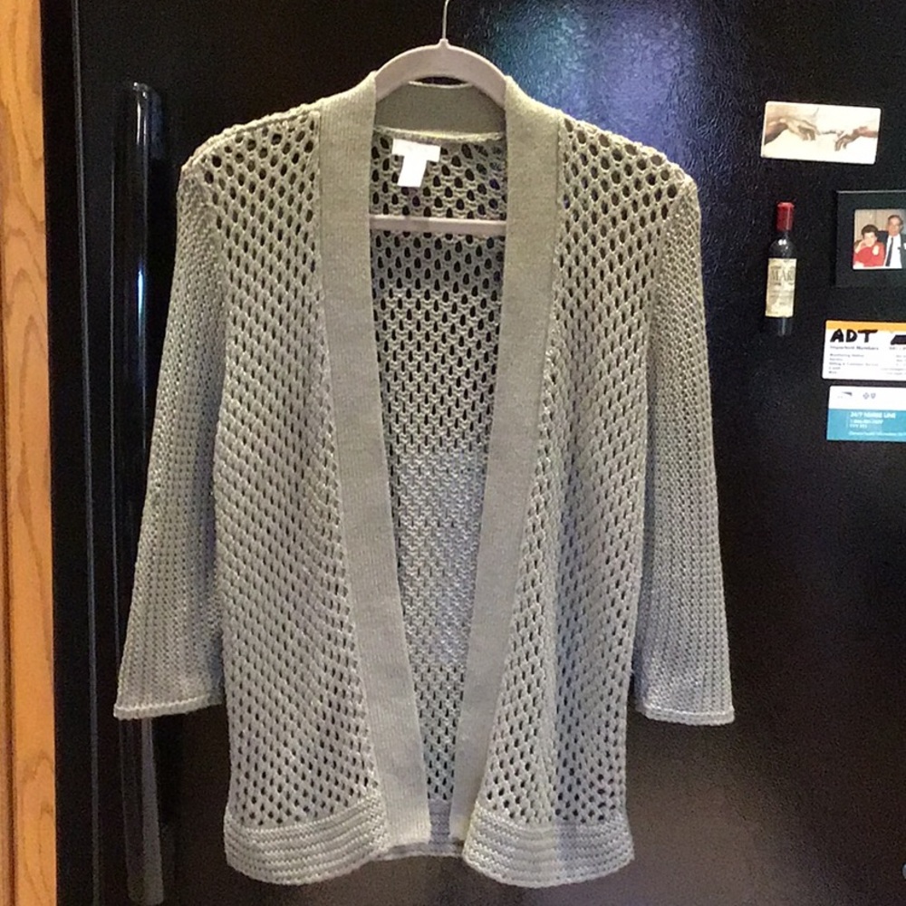 Chico’s 2 (Regular 12) Open Weave Green w Silver Metallic Thread Open Cardigan